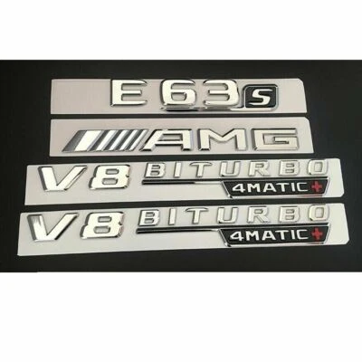 Emblemas de emblemas de para-lama de porta-malas Chrome E63s AMG V8 BITURBO 4MATIC+ - Imagem 1 de 3