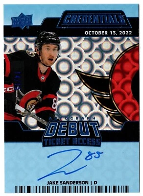 2022-23 UD Credentials Debut Ticket Access Auto Blue JAKE SANDERSON DTAA-SW #/15 - Image 1 of 2
