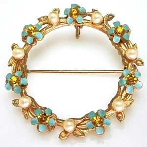 Delicado prendedor/colgante corona flor y perlas esmaltado azul vintage antiguo - Imagen 1 de 5