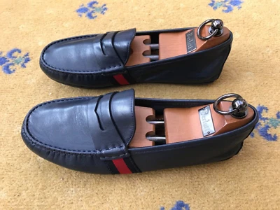Gucci Loafers Shoes Drivers Blue Leather Mens UK 5.5 US 6.5 EU 39.5 Web Red - image 1 of 4