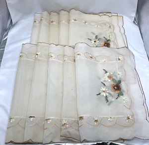 Vintage Sheer Embroidered Floral Table Linens Placemats 10pc Scalloped Silk READ - Picture 1 of 10
