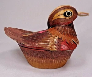 Caja de baratijas forrada de tela de pato, plumas de madera cosidas a mano, perilla, China - Imagen 1 de 12