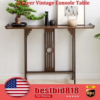 2-Layer Vintage Console Table Sofa Side Table Entryway Table Bamboo Shelf - Image 1 of 4