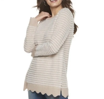 ELLE Scalloped Hem Sweater Size Medium Cream Stripe Soft Texture Cozy Old Money - Image 1 of 4