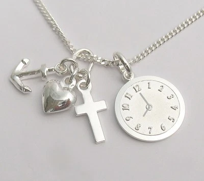 SCHMUCK-AREAL Geburtsuhr mit Gravur Glaube Liebe Hoffnung Anhänger Herz Kreuz Anker Taufuhr