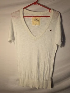 Y2K 2000s Vintage Hollister Vneck Knit White Sweater Short Sleeve Long Large L - Picture 1 of 3