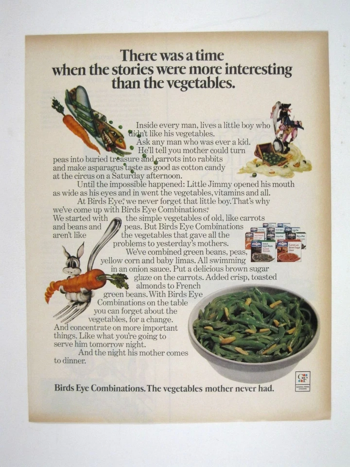 Реклама замороженных овощей птичий глаз 1970-е винтажная печатная реклама кухонный декор - Изображение 1 из 2