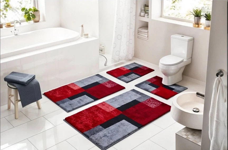 Badteppich Grund Atala rot - grau rutschfest waschbar 60x100cm 70x120cm 50x60cm - Bild 1 von 4