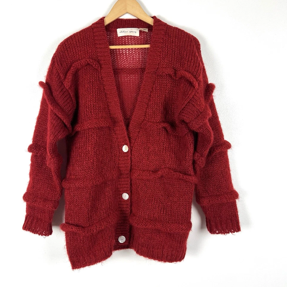 Vintage 90s Chelsea Young Red Chunky Knit Mohair Cardigan Sweater Sz S Oversized - Image 1 of 4