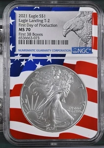 2021 Silver Eagle T-2 First Day of Production First 38 Boxes MS70 NGC Flag Core - Picture 1 of 2