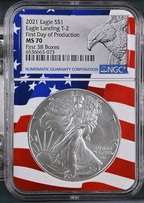 2021 Silver Eagle T-2 First Day of Production First 38 Boxes MS70 NGC Flag Core - Image 1 of 2