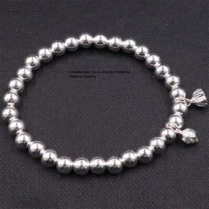 Pure S999 Fine Silver 999 Chain Women Lucky Lotus 5mm Round Beads Bracelet - Picture 1 of 6