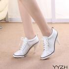 Women Leather Stiletto High Heels Black White Pumps Lace Up Sneakers Sport Shoes