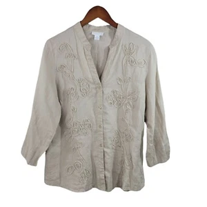 Charter Club Linen Button Down Shirt Jacket size 16 top Embroidered Art tan - Picture 1 of 6