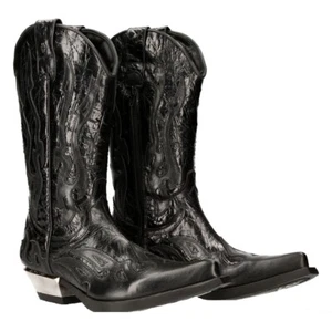 NEW ROCK M-7921-S1 BLACK FLAME BOOTS Black Leather Heavy Biker Western Cowboy - Picture 1 of 8