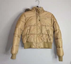 VTG Y2K Southpole Womens Goose Down Puffer Jacket Hooded Bomber Fur Tan Large - Picture 1 of 12