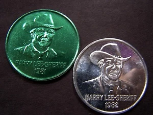 1981+1982 SHERIFF HARRY LEE Green+Plain Aluminum Sheriff's Office Doubloons  - Picture 1 of 5