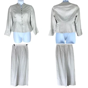Adrianna Papell Skirt Suit Size 10 Silver Gray Silk Blazer Maxi Skirt Beaded - Picture 1 of 10