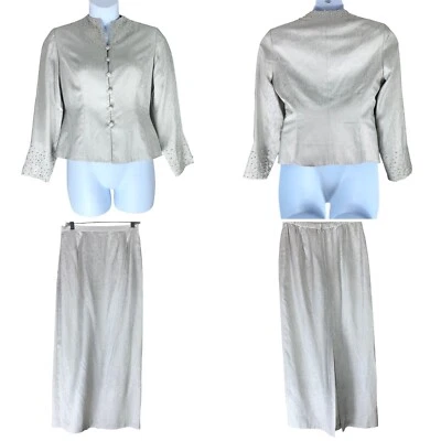 Maxi Falda Traje Adrianna Papell Talla 10 Gris Plateado Seda Blazer Con Cuentas Foto 1 de 4