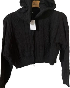 Olivaceous Cropped Sweater Juniors Large Black Long Sleeve Cable Knit Hood NWT - Picture 1 of 14