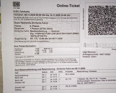 bahn ticket, fahrkarte Neubr .brg - Berlin - Dresden, 09.11.25, Superspar - Bild 1 von 2
