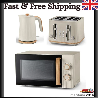 Cream Wood Textured Scandi Kettle Toaster Microwave Set Stylish Kitchen Esential - Image 1 of 4