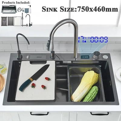 Fregadero de cocina cascada de acero inoxidable de 30x18 pulgadas cuenco individual con juego de grifos Foto 1 de 4