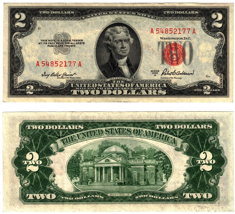 1953 A USA 2 Dollar Banknote UNITED STATES AMERICA Red Seal P380A Priest & Ander - Image 1 of 1