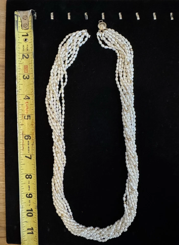 Colar vintage de pérolas de arroz cultivadas com fecho e contas de ouro amarelo 14K com 9 fios - Imagem 1 de 4