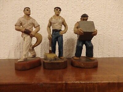 3 X 5.5  High, Hand Carved Figures Pelota Player, Tree Feller & Worker Carved • 12£