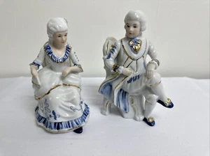 Victorian Sitting Couple Porcelain Figurines Blue White 6.5" Vintage - Picture 1 of 11