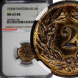 SWITZERLAND Bronze 1936 B 2 Rappen NGC MS63 RB RED Mintage-500,000 KM# 4.2a (80) - Picture 1 of 4