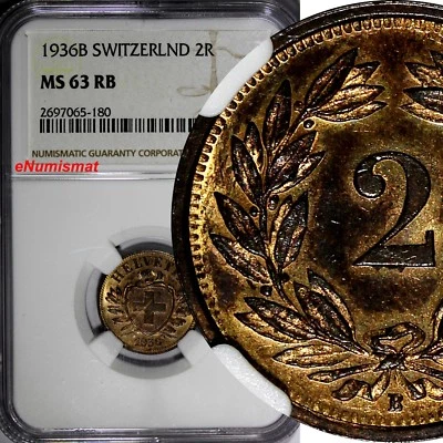 SWITZERLAND Bronze 1936 B 2 Rappen NGC MS63 RB RED Mintage-500,000 KM# 4.2a (80) - Image 1 of 4