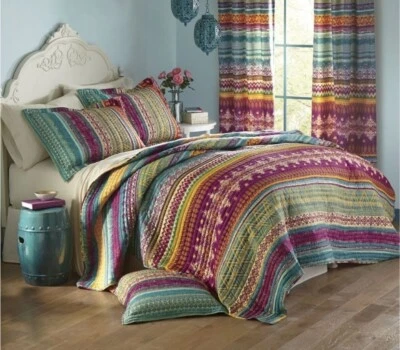 QUALITY NEW! ~ COZY BOHO BOHEMIAN BLUE TEAL AQUA GREEN PURPLE GOLD GEOMETRIC QUILT SET