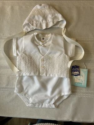 Vintage 50s Madonna 3 Piece Set Christening Easter Outfit Vest Bonnet Washed - Image 1 of 4