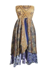 Boho Gypsy Hippy Flared Skirt Hi Low Strapless Dress 2 Layer Printed Skirts S/M