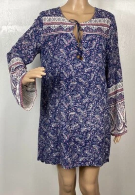 Billabong Womens Bell Sleeve Tunic Large Paisley Neck Tie High Low Hem Boho Sz L - Image 1 of 4