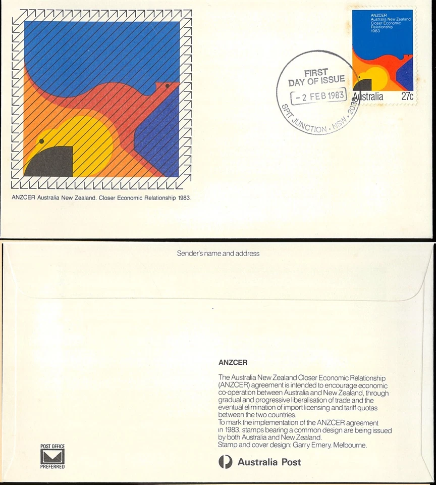 1983 Australian & New Zealand 27c ANZCER FDC Kangaroo & Kiwi - 2088 P-mark issue — 第 1/1 张图片