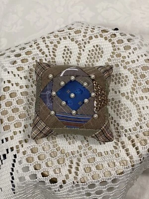 Handmade Sewing Pin Cushion Ideal Gift For Craft Lovers Quilt Pattern - Image 1 of 4