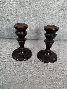 More details for vintage pair real ebony wood 2 candlesticks candle candlestick metal liner used