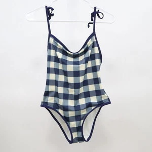 Einfarbiger & gestreifter Badeanzug Einteiler Damen S Small blau weiß Gingham Bindebänder - Bild 1 von 7
