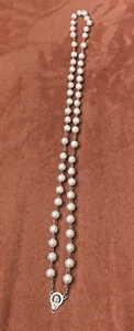 White Round Bead Single Strand Necklace w/Mary Medallion 34" - Picture 1 of 4