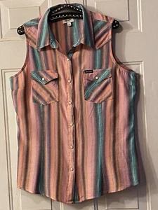 Wrangler Retro Damen Gr. L Shirt Druckknopf ärmellos mehrfarbig gestreift Taschen - Bild 1 von 8