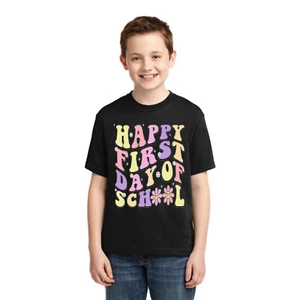 Happy First Day of School Groovy Letter Unisex Graphic Youth TShirt - Picture 1 of 14