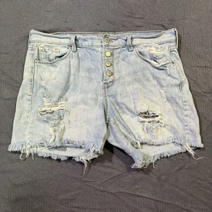 Paar blaue Jeans zerrissene Shorts helle Waschung Knopfleiste ausgefranste Säume Damengröße 12 - Bild 1 von 8