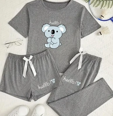Women Pajama 3PC  Gray Cute Koala Bear Soft S/S Top Pajamas Pant & Shorts Med - Image 1 of 4