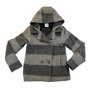 Old Navy gray striped pea coat jacket girls size XL (14) wool blend lined hood - Picture 1 of 16