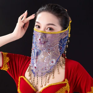 Women Glitter Sequin Mesh Face Veil Tassels Party Halloween Belly Dance Costume - Picture 1 of 15
