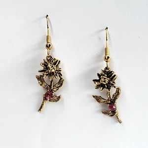 Floral Dangle Earrings Marigold Goldtone Pink Crystal October 22kt Antique GP - Picture 1 of 4