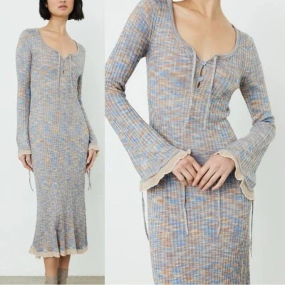 Acne Studios Kadley Grey Bow Front Ribbed Striped Sheer Knit Maxi Dress Small - Image 1 of 4